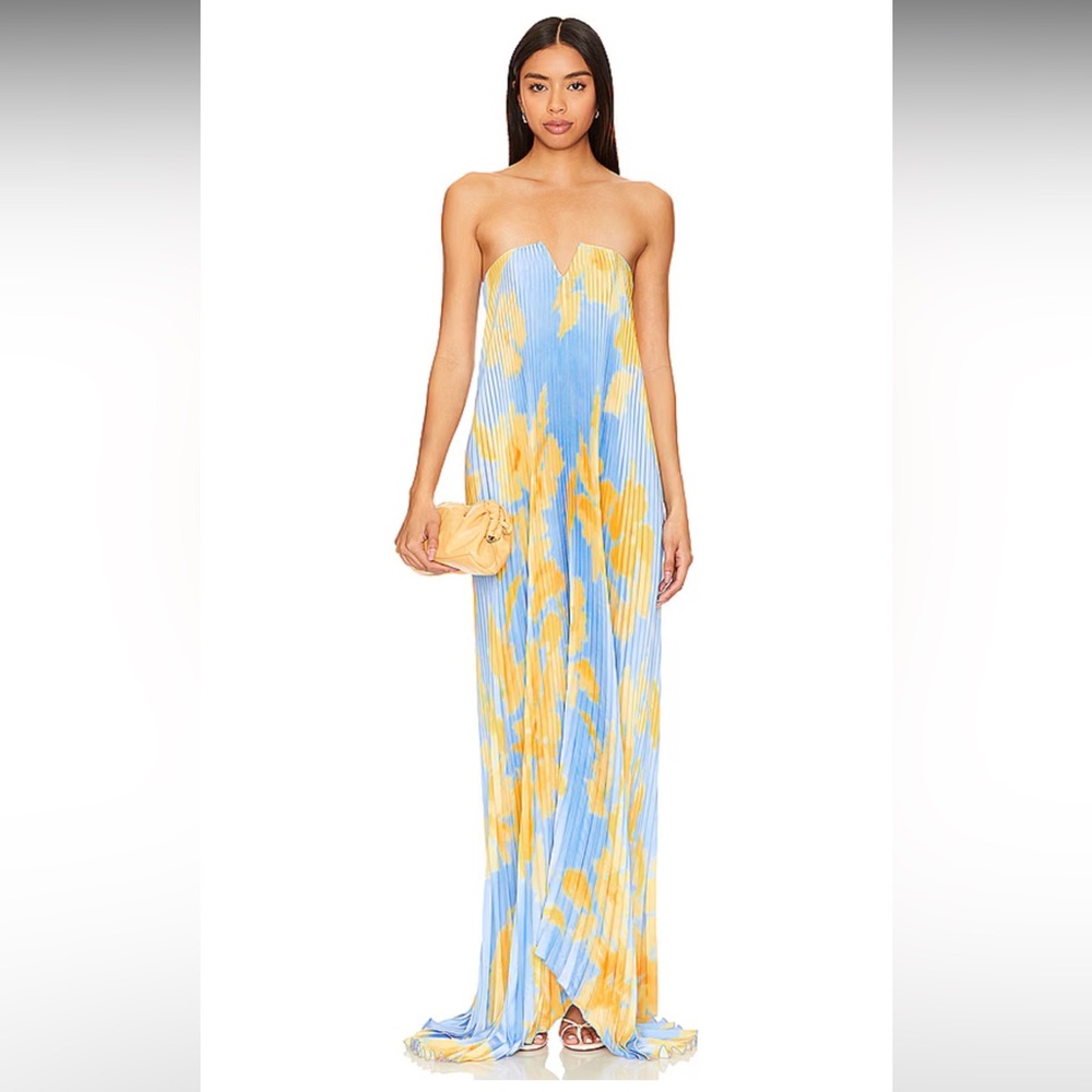 Strapless Pleated Maxi Dress in Sky Blue and Yellow